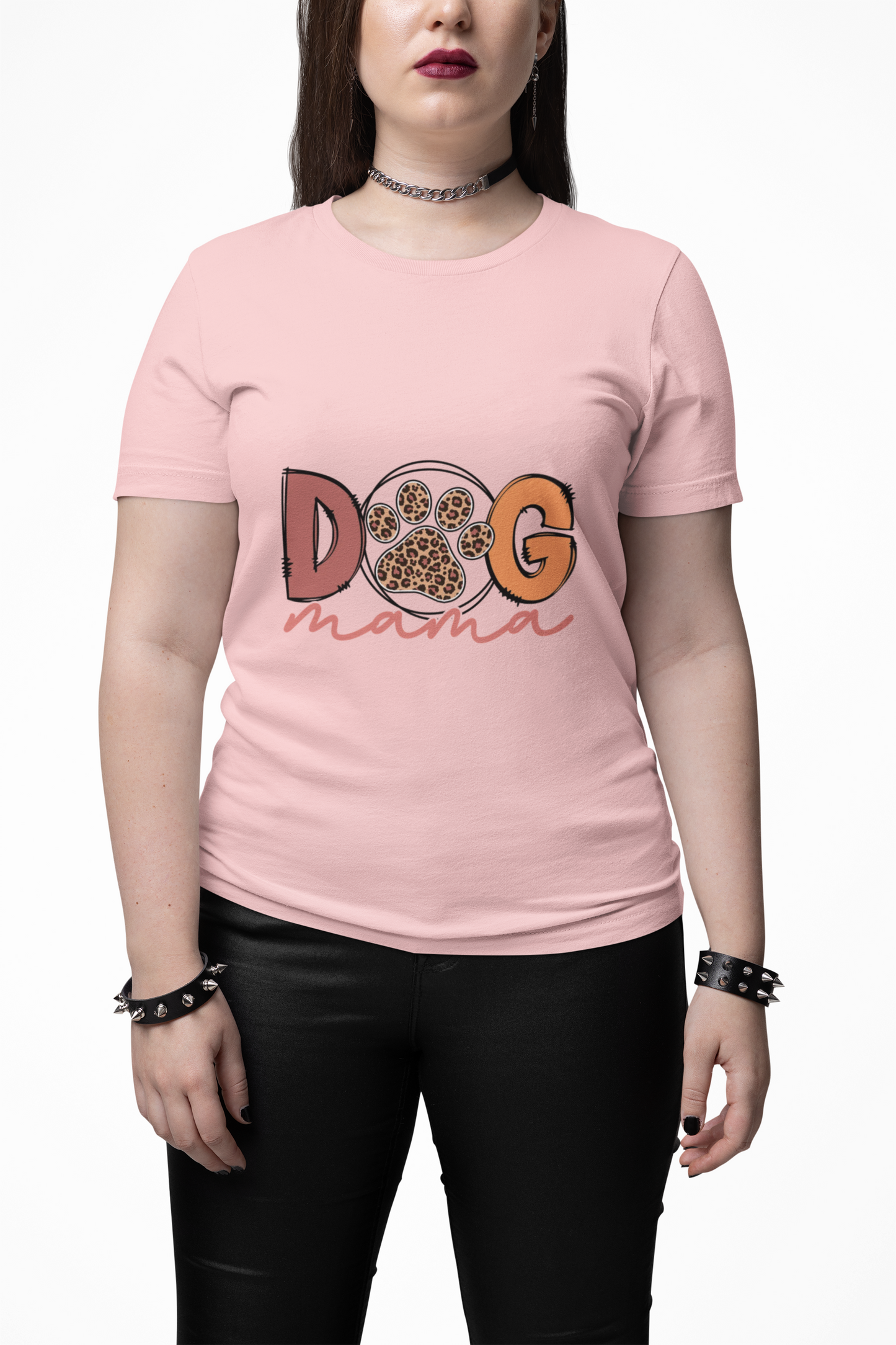 Printify Dog Mama Tee pink fitted womens t shirt with paw print graphic and cursive mama text