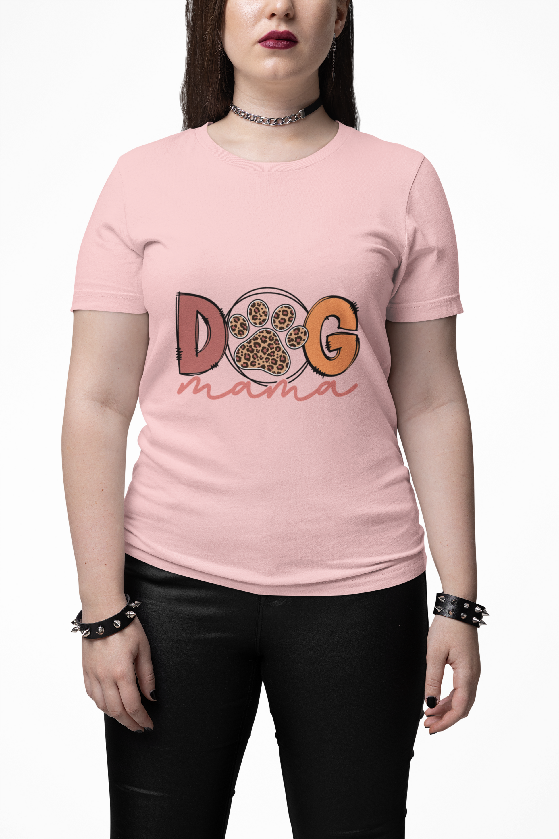 Printify Dog Mama Tee pink fitted womens t shirt with paw print graphic and cursive mama text