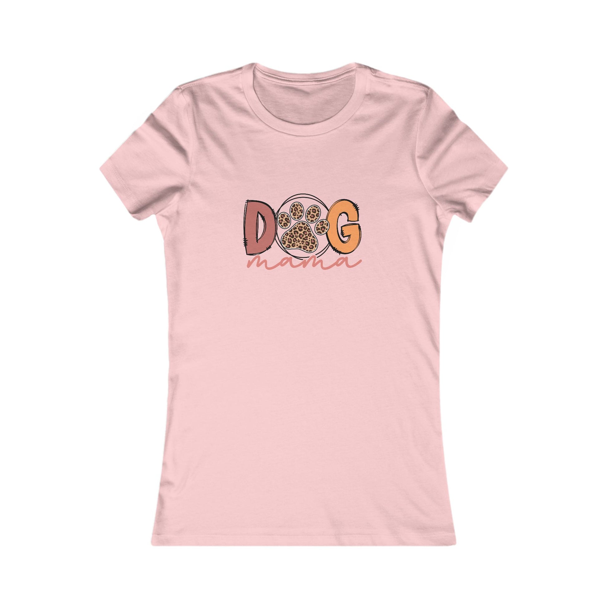 Printify pink women fitted t shirt with Dog Mama Tee design showing paw as O and cursive mama text