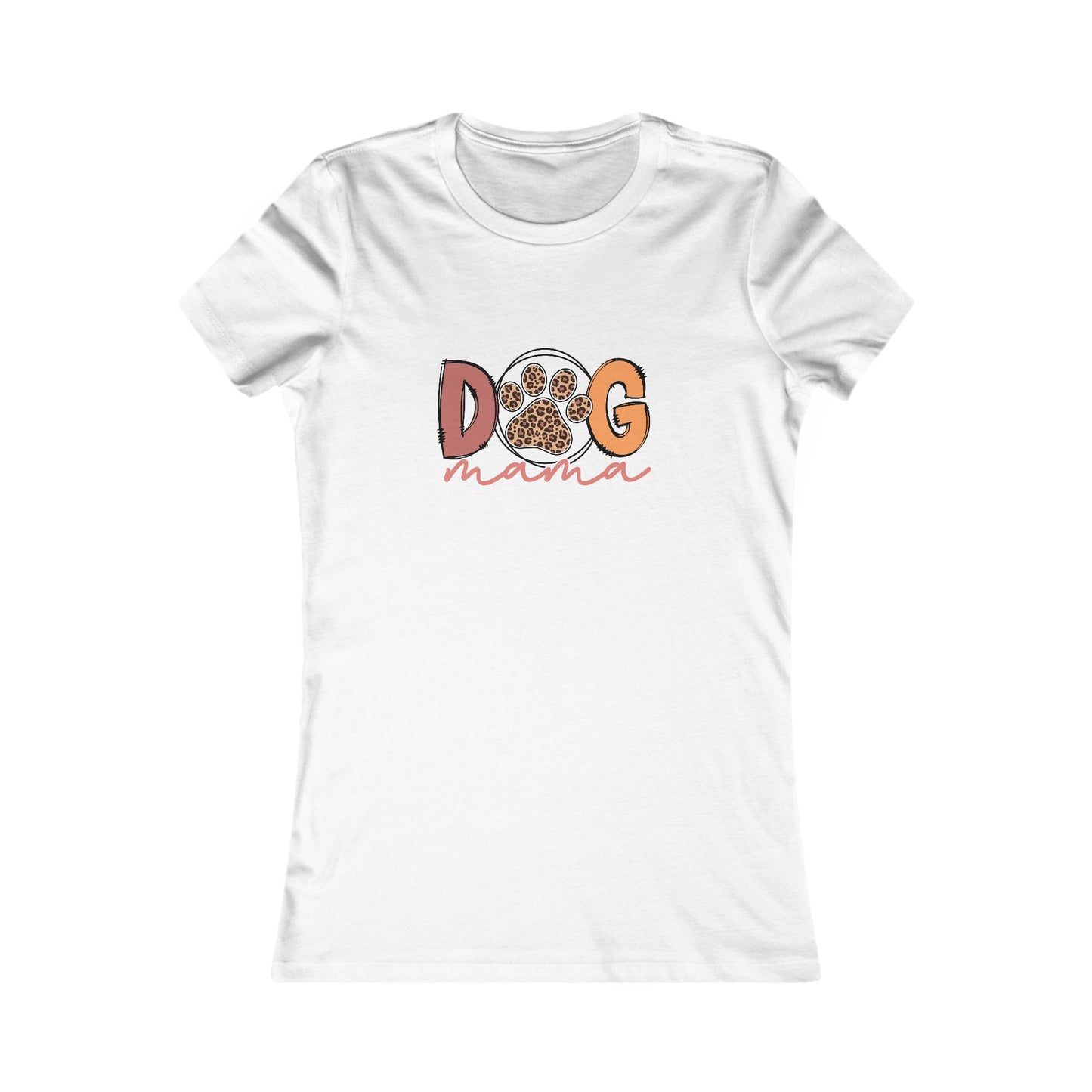 Printify white fitted womens t shirt with Dog Mama Tee paw print graphic in pink and orange script