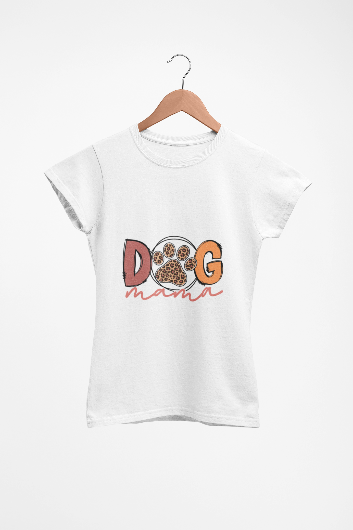 White womens T Shirt on wooden hanger featuring Dog Mama Tee design with leopard paw print and script lettering