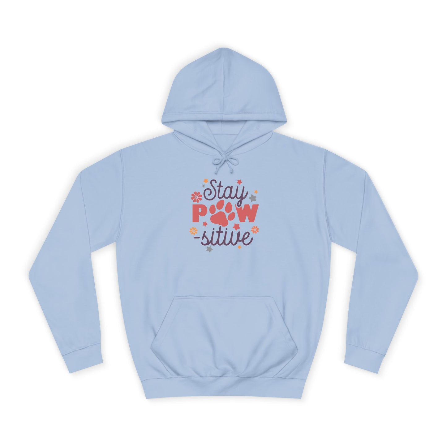 Light blue Printify Stay Pawsitive Unisex Hoodie with colorful paw print graphic and kangaroo pocket