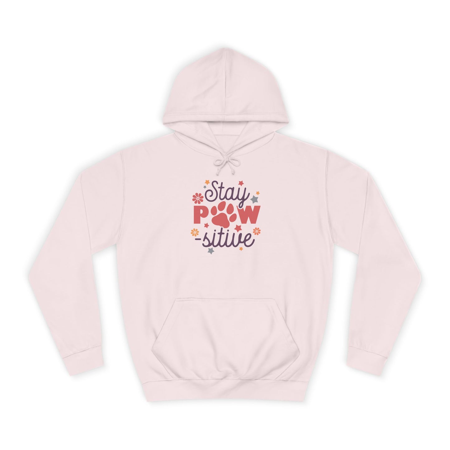 Printify light pink hoodie with Stay Pawsitive Unisex Hoodie paw print graphic and kangaroo pocket