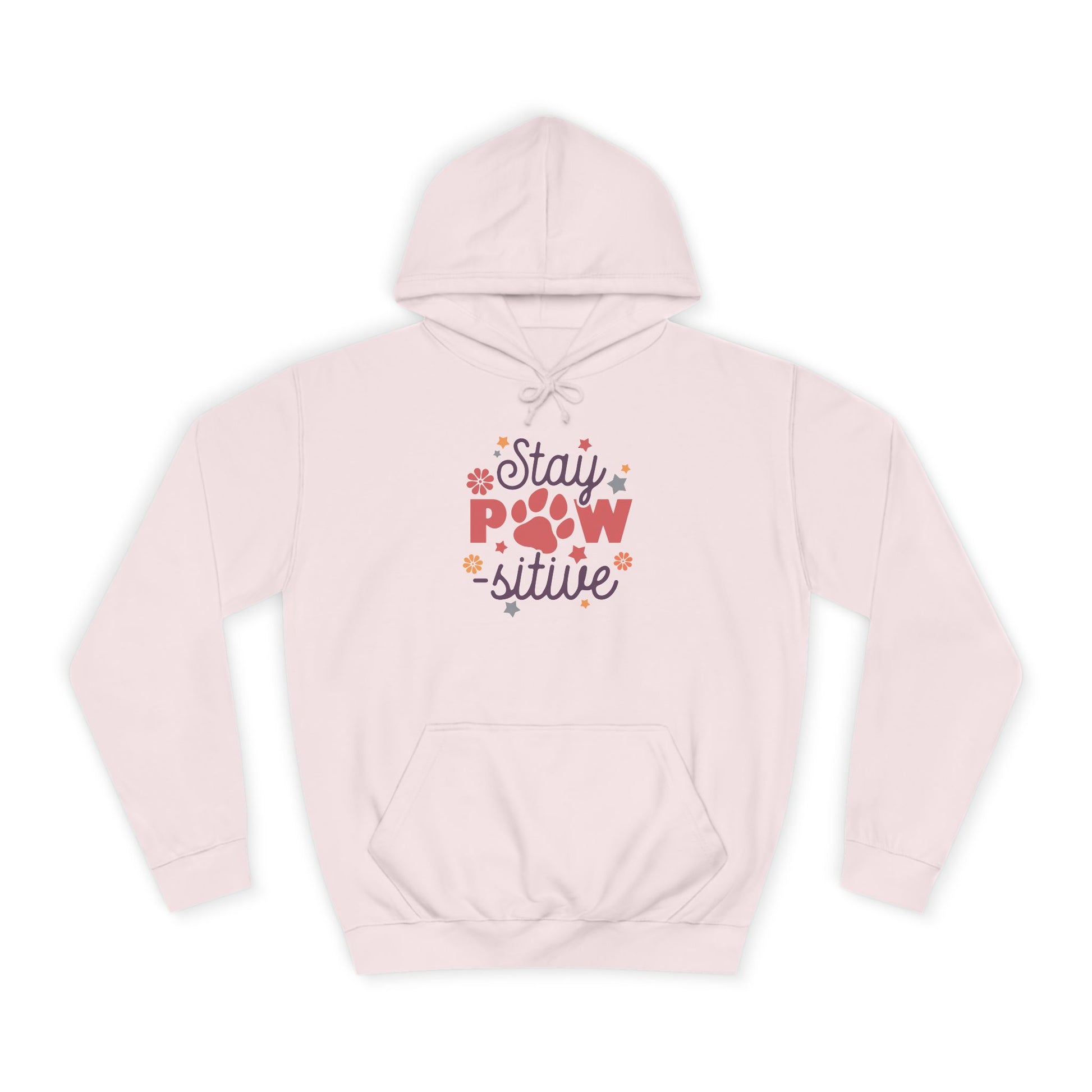 Printify light pink hoodie with Stay Pawsitive Unisex Hoodie paw print graphic and kangaroo pocket