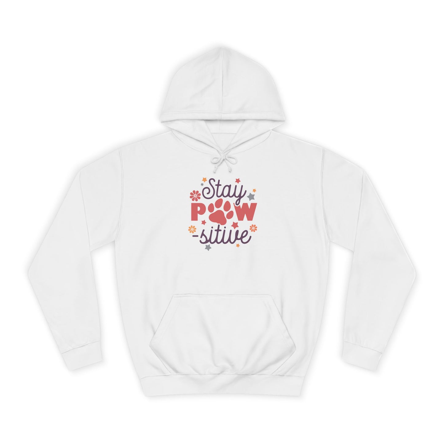 White hoodie with floral paw print graphic and front pocket featuring Stay Pawsitive Unisex Hoodie design