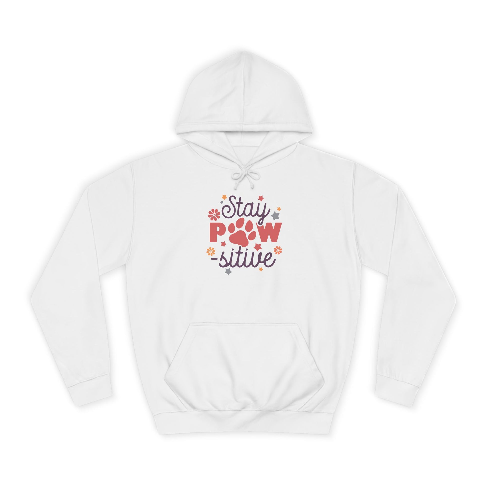 White hoodie with floral paw print graphic and front pocket featuring Stay Pawsitive Unisex Hoodie design