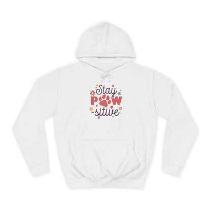 White hoodie with floral paw print graphic and front pocket featuring Stay Pawsitive Unisex Hoodie design
