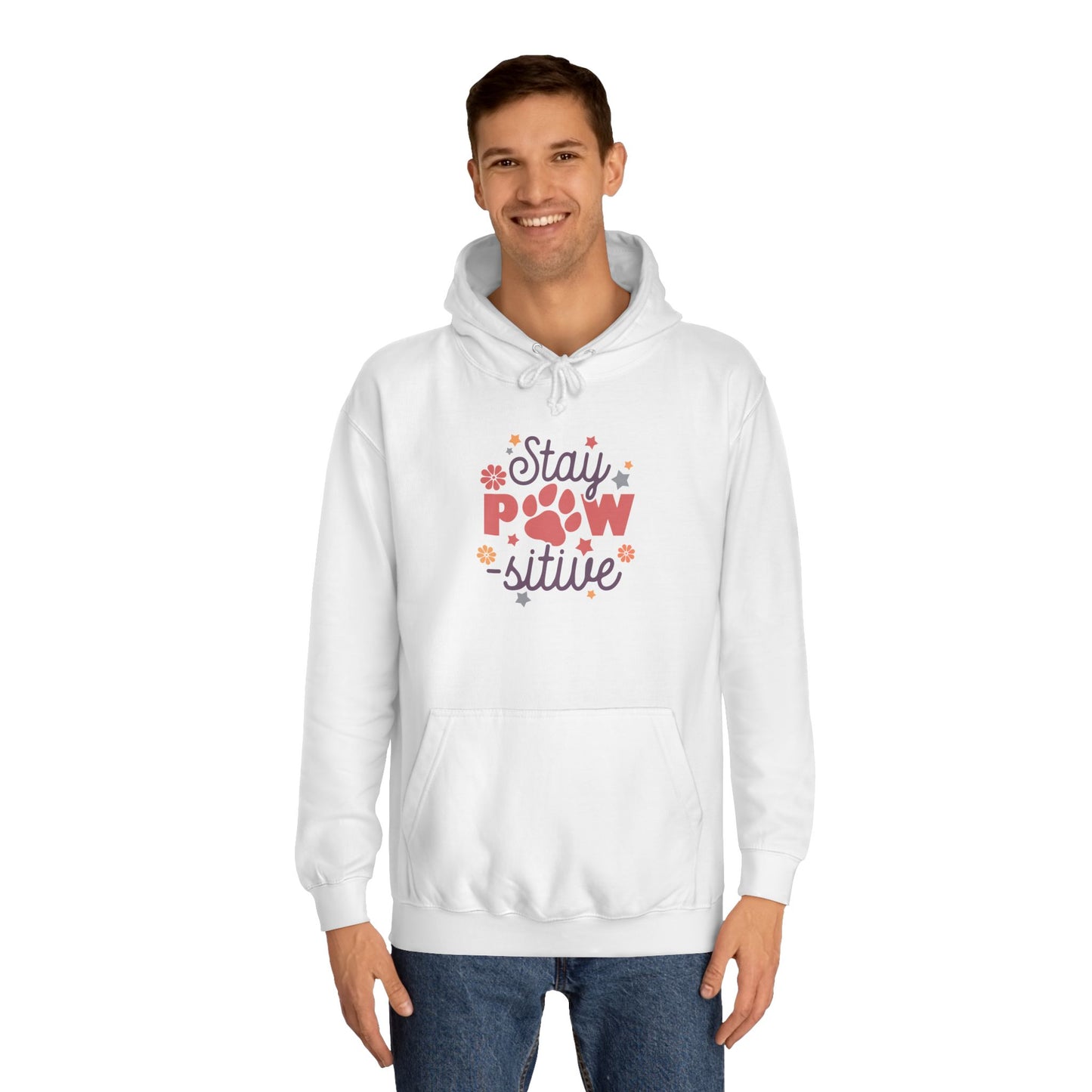Stay Pawsitive Unisex Hoodie white pullover on smiling male model with paw graphic and floral accents and kangaroo pocket