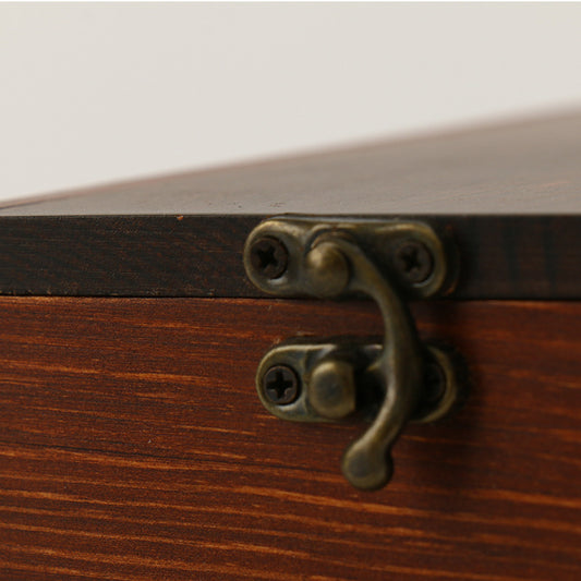 Wefulfil wooden Photo Frame Cinerary Casket close up showing antique brass latch on dark wood