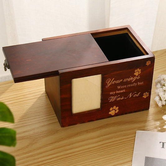 Wefulfil Photo Frame Cinerary Casket dark wood pet urn with sliding lid paw print engraving and photo slot