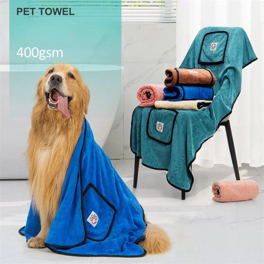 Dropshipman dog bathrobe towel quick dry blue pet towel on golden retriever with folded towels on chair
