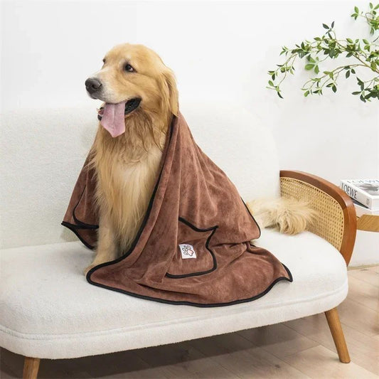 Dropshipman brown dog bathrobe towel quick dry on golden retriever sitting on white sofa with pocket trim