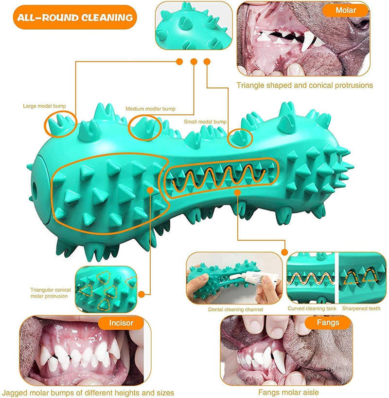 Wefulfil teal spiky rubber bone dog chew toy for aggressive chewers with cleaning grooves and varied bumps