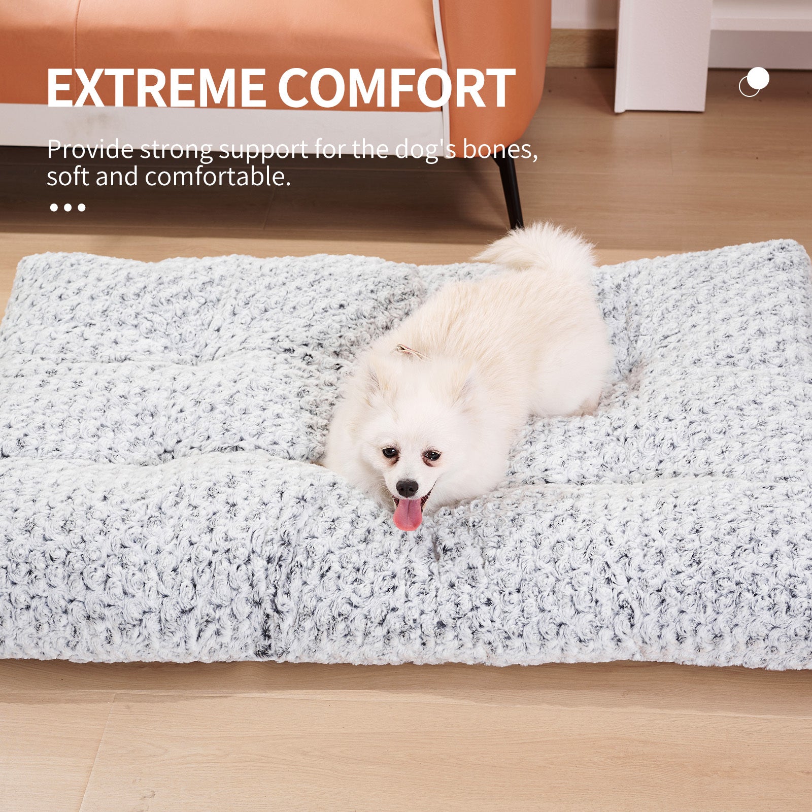 Wefulfil gray textured plush dog crate bed pad with white Pomeranian lounging on hardwood floor