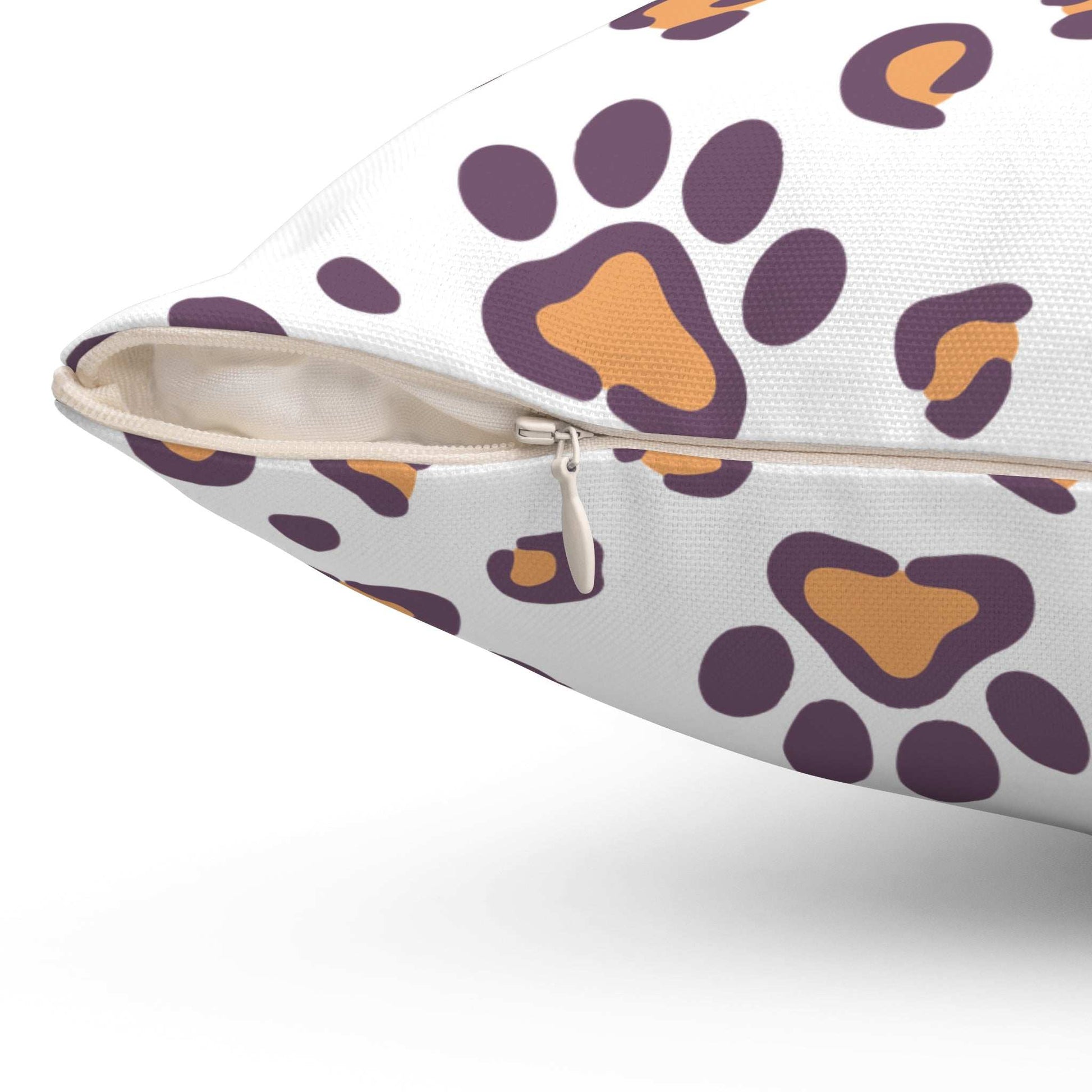Dog Lovers Pillow decorative throw pillow with purple and orange paw print pattern and hidden zipper