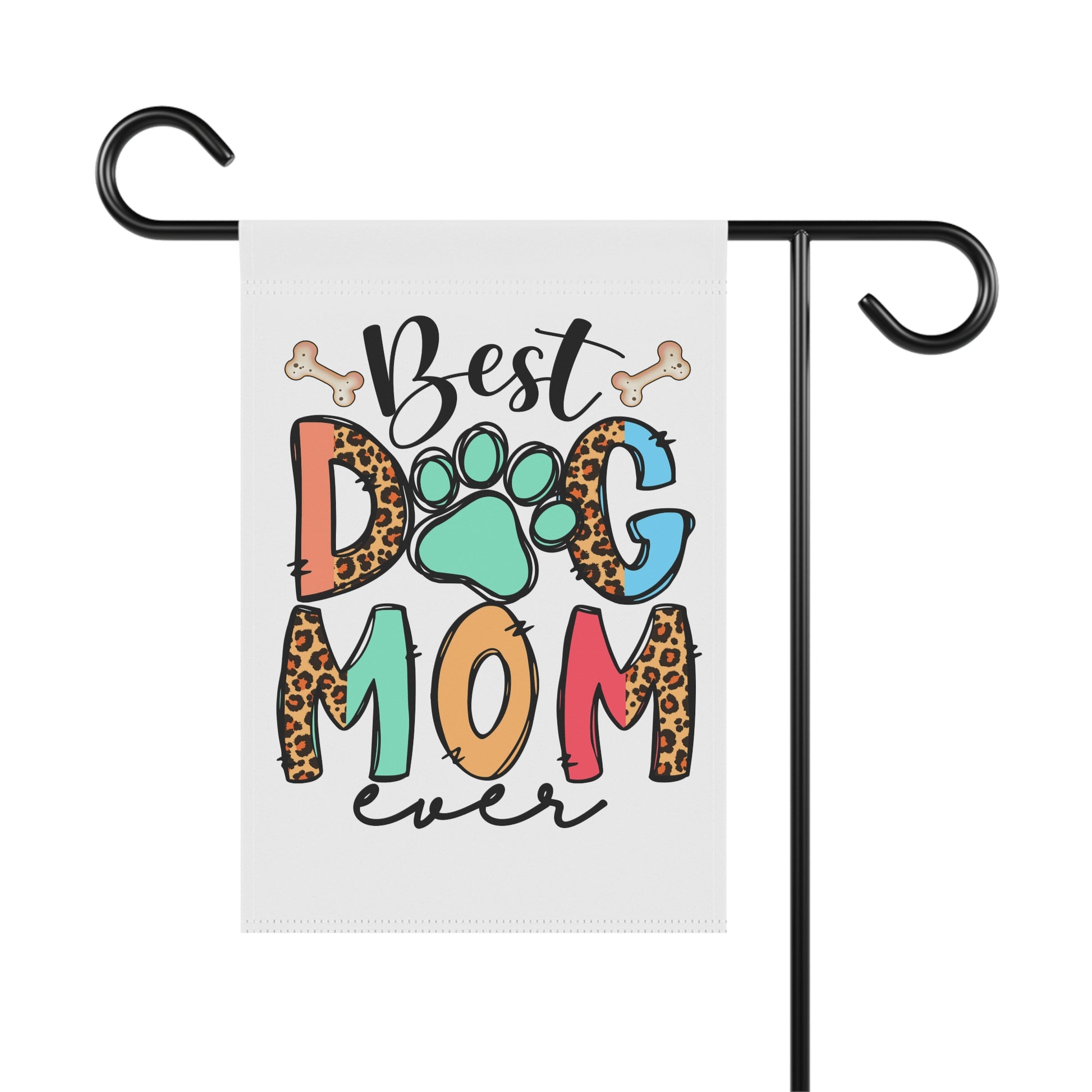 Printify Dog Mom Garden Flag featuring Best Dog Mom ever colorful leopard print letters and paw