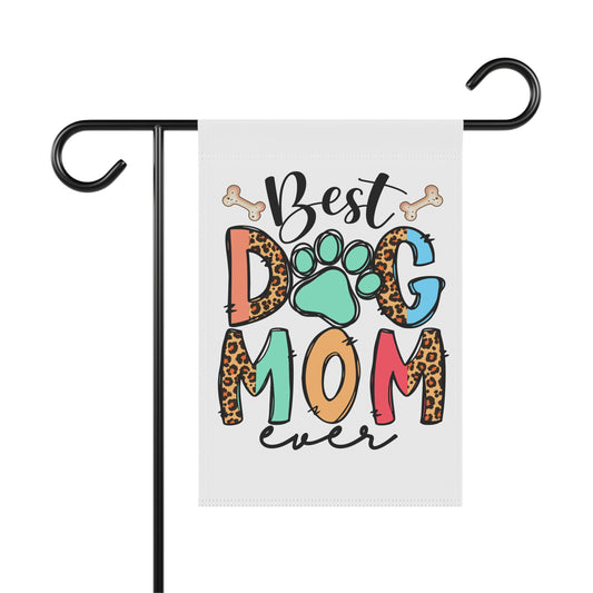 Printify Dog Mom Garden Flag with colorful paw print and leopard print letters on white outdoor flag