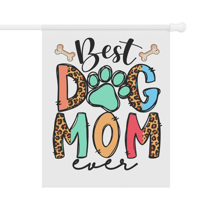 Printify Best Dog Mom Garden Flag with colorful leopard print letters teal paw print and bone accents