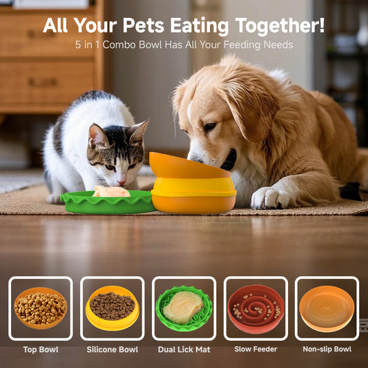 Cat and dog using Wefulfil Hamburger Pet Bowl Set 5 in 1 combo with silicone bowls slow feeder and lick mat
