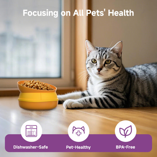 Wefulfil Hamburger Pet Bowl Set yellow pet bowl filled with kibble beside a relaxed tabby cat on wooden floor