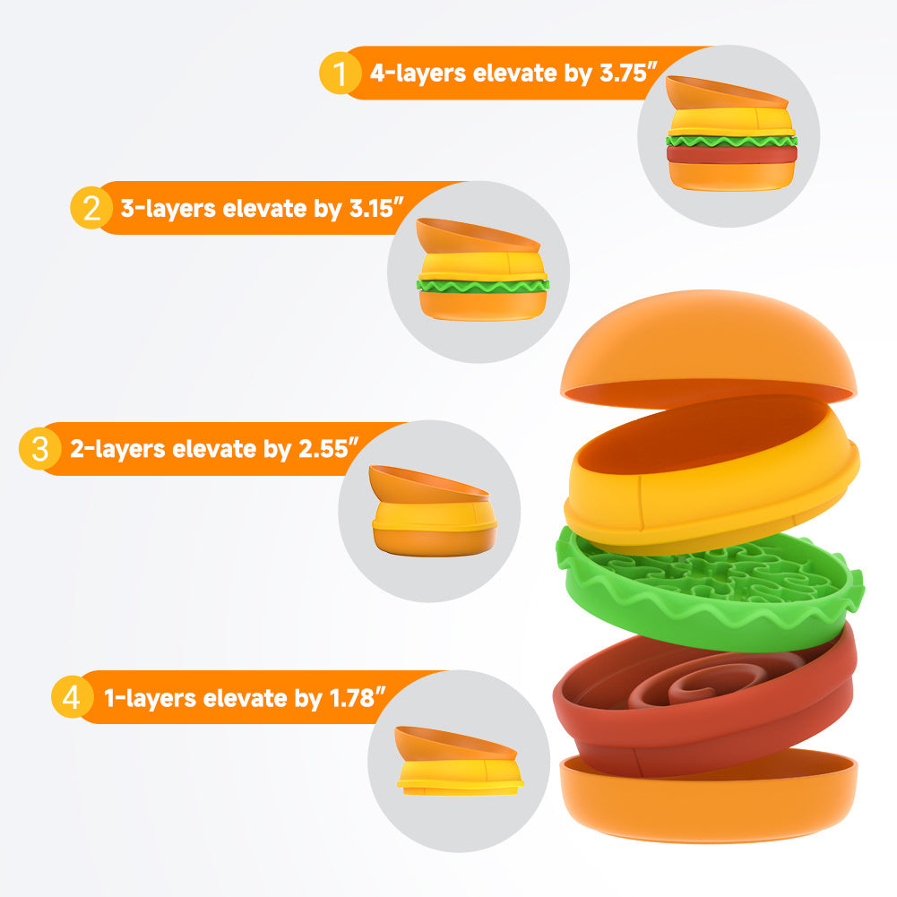 Hamburger Pet Bowl Set showing Wefulfil stackable burger layers with adjustable 1 to 4 elevation heights