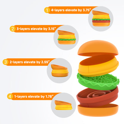 Hamburger Pet Bowl Set showing Wefulfil stackable burger layers with adjustable 1 to 4 elevation heights