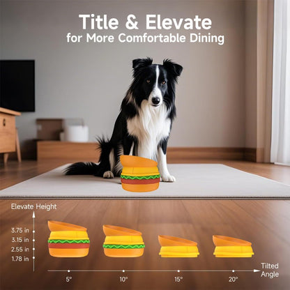 Wefulfil Hamburger Pet Bowl Set elevated hamburger shaped dog feeder showing adjustable heights and tilt angles