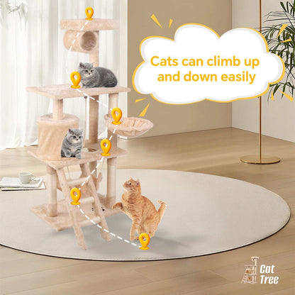 Interactive Cat Tree Tower beige multi level plush cat tree with ladder hammock and three playful cats