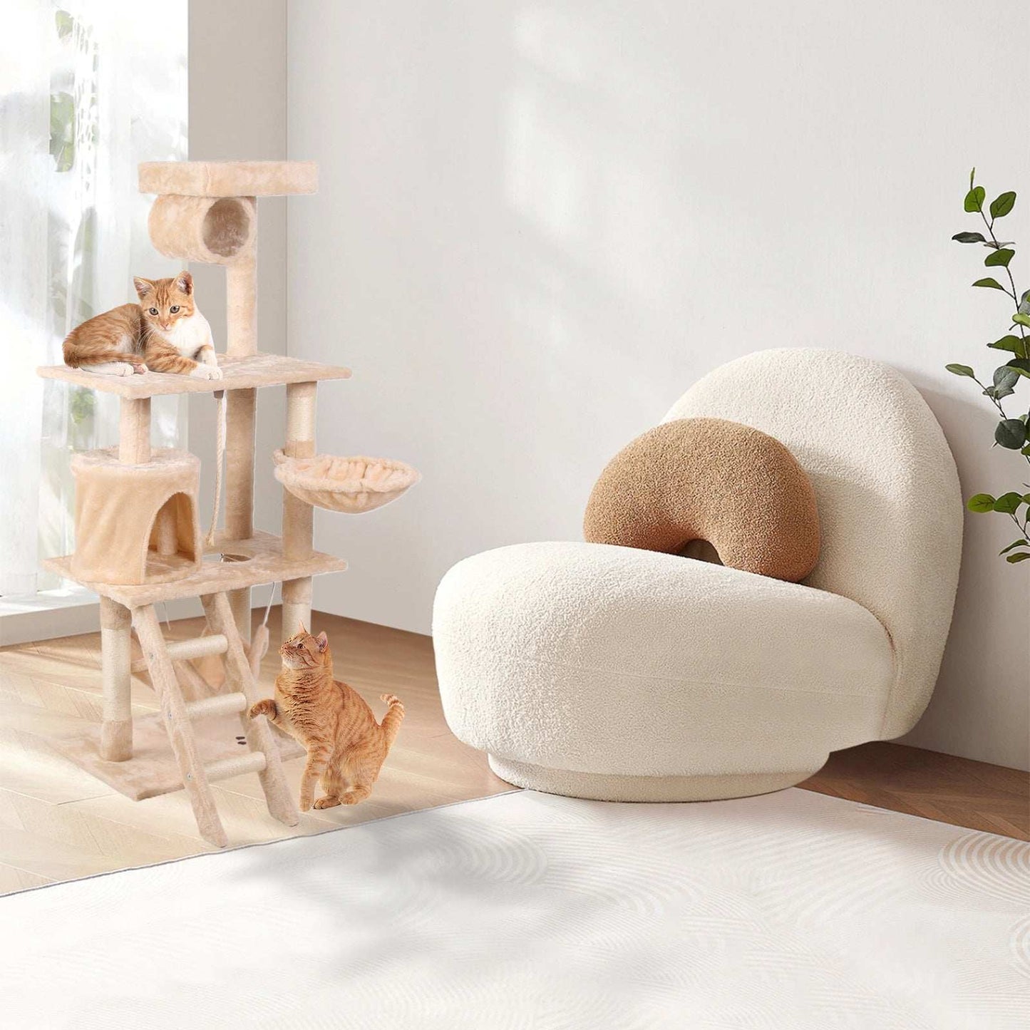 CJ Interactive Cat Tree Tower beige plush multi level with ladder condo hammock and two tabby cats in sunlit living room