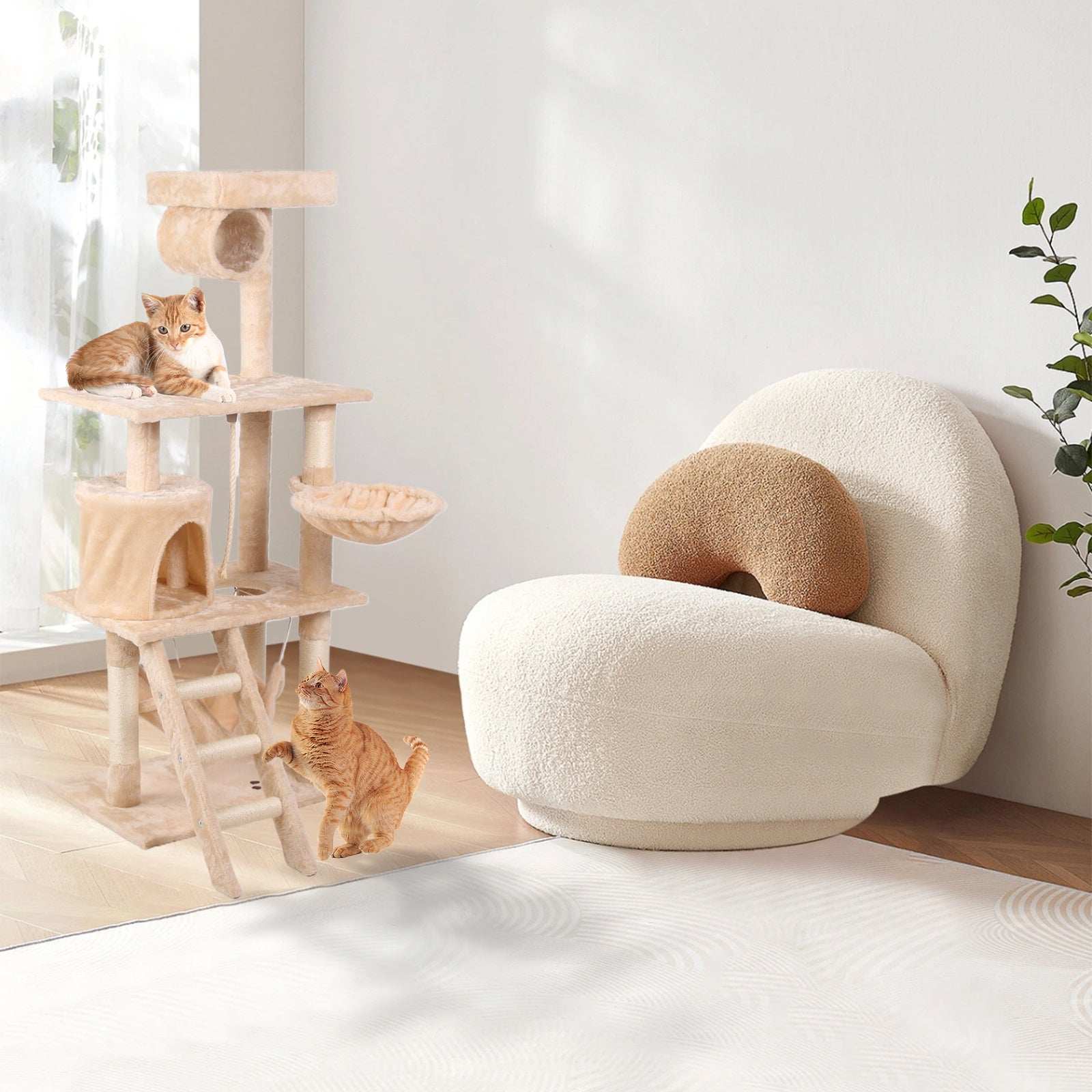 CJ Interactive Cat Tree Tower beige plush multi level with ladder condo hammock and two tabby cats in sunlit living room