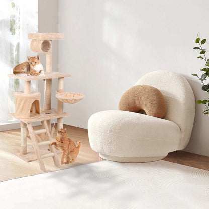 CJ Interactive Cat Tree Tower beige plush multi level with ladder condo hammock and two tabby cats in sunlit living room