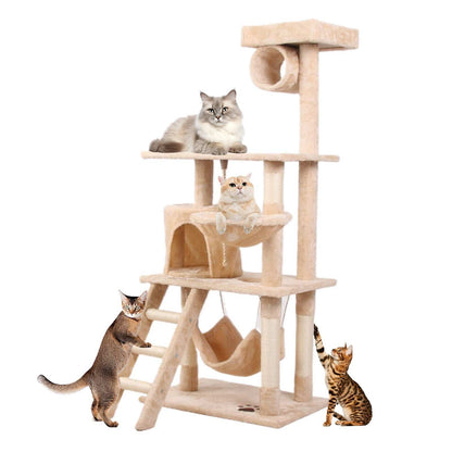 CJ Interactive Cat Tree Tower beige multi level plush with hammock ladder tunnel scratching posts for cats