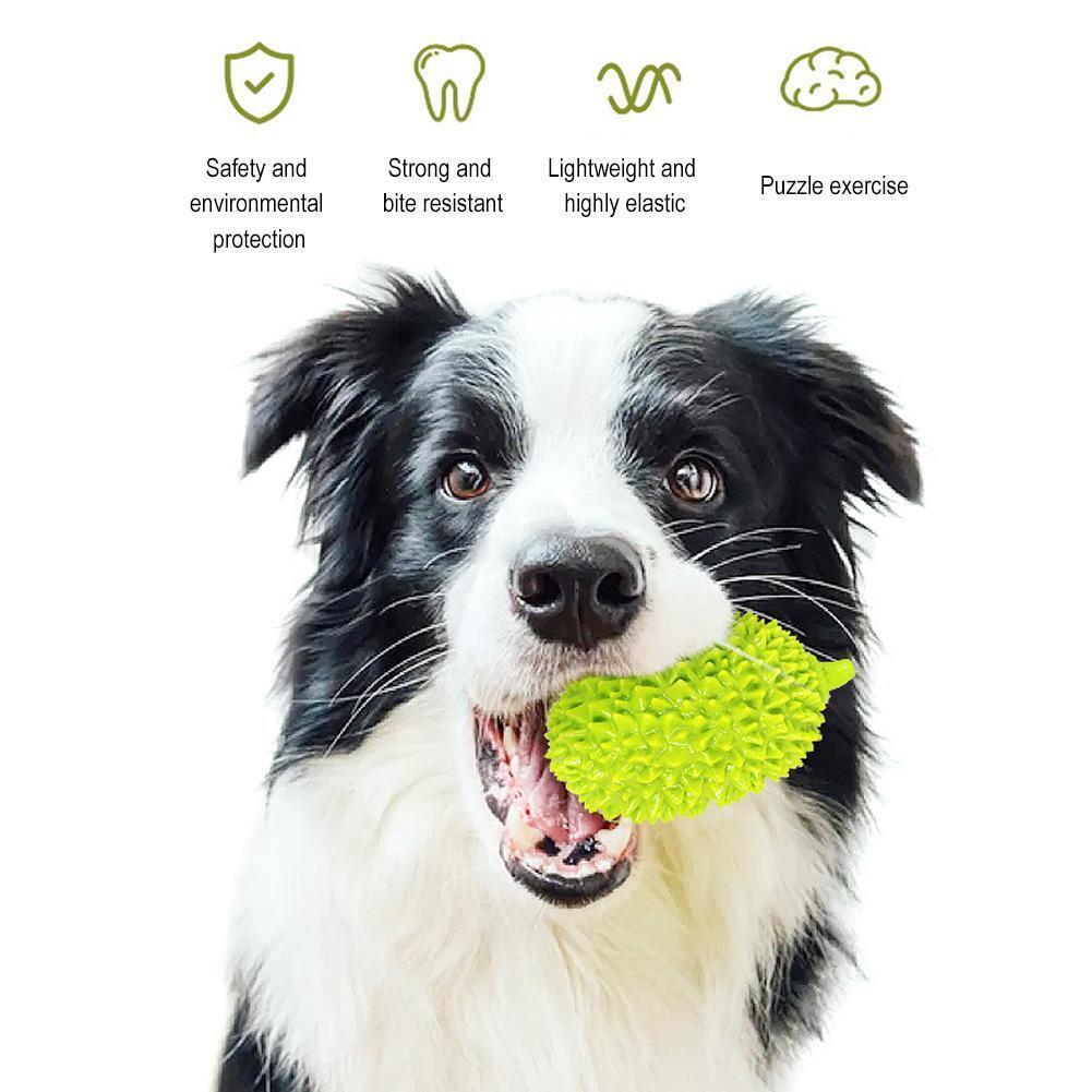 Wefulfil durian shaped dog chew toy in bright green held by a black and white Border Collie showing bite resistance