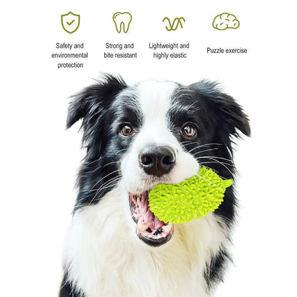 Wefulfil durian shaped dog chew toy in bright green held by a black and white Border Collie showing bite resistance