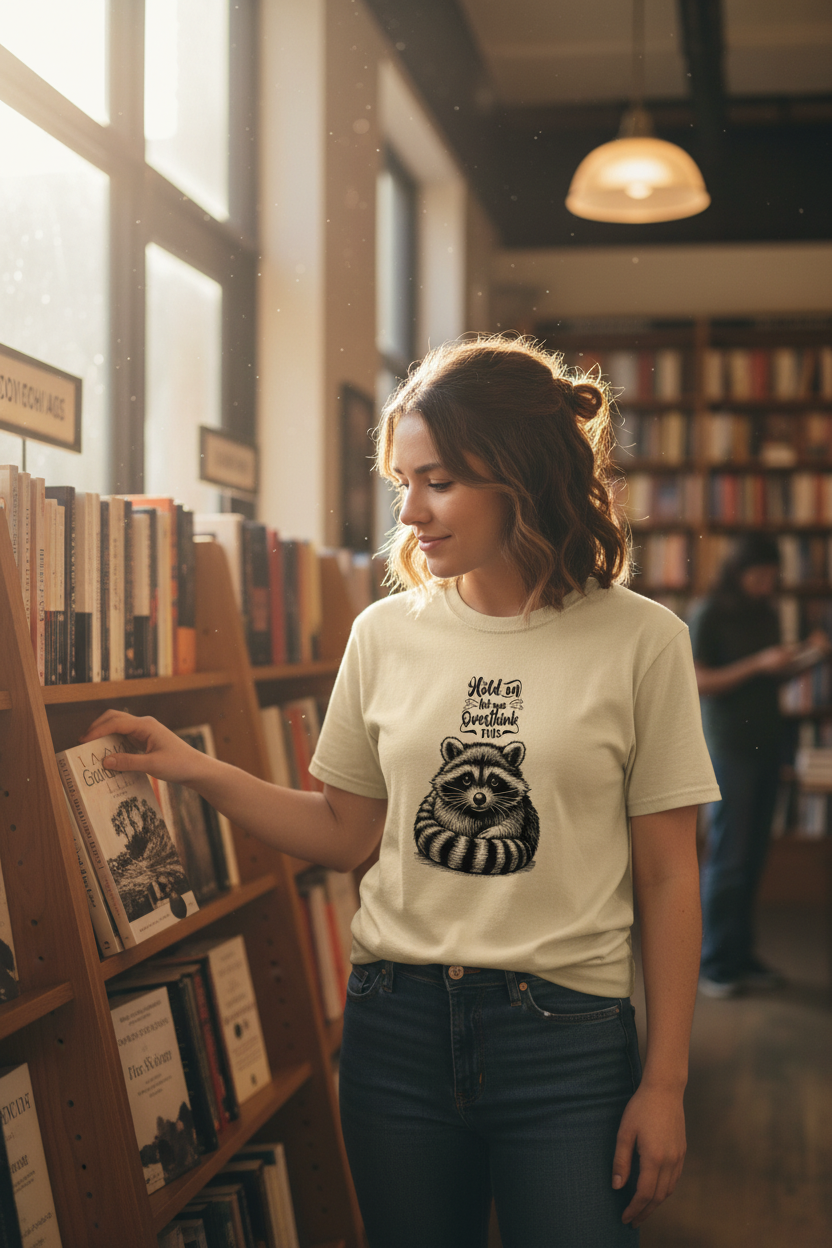 Person wearing Overthinking Racoon t-shirt browsing bookstore