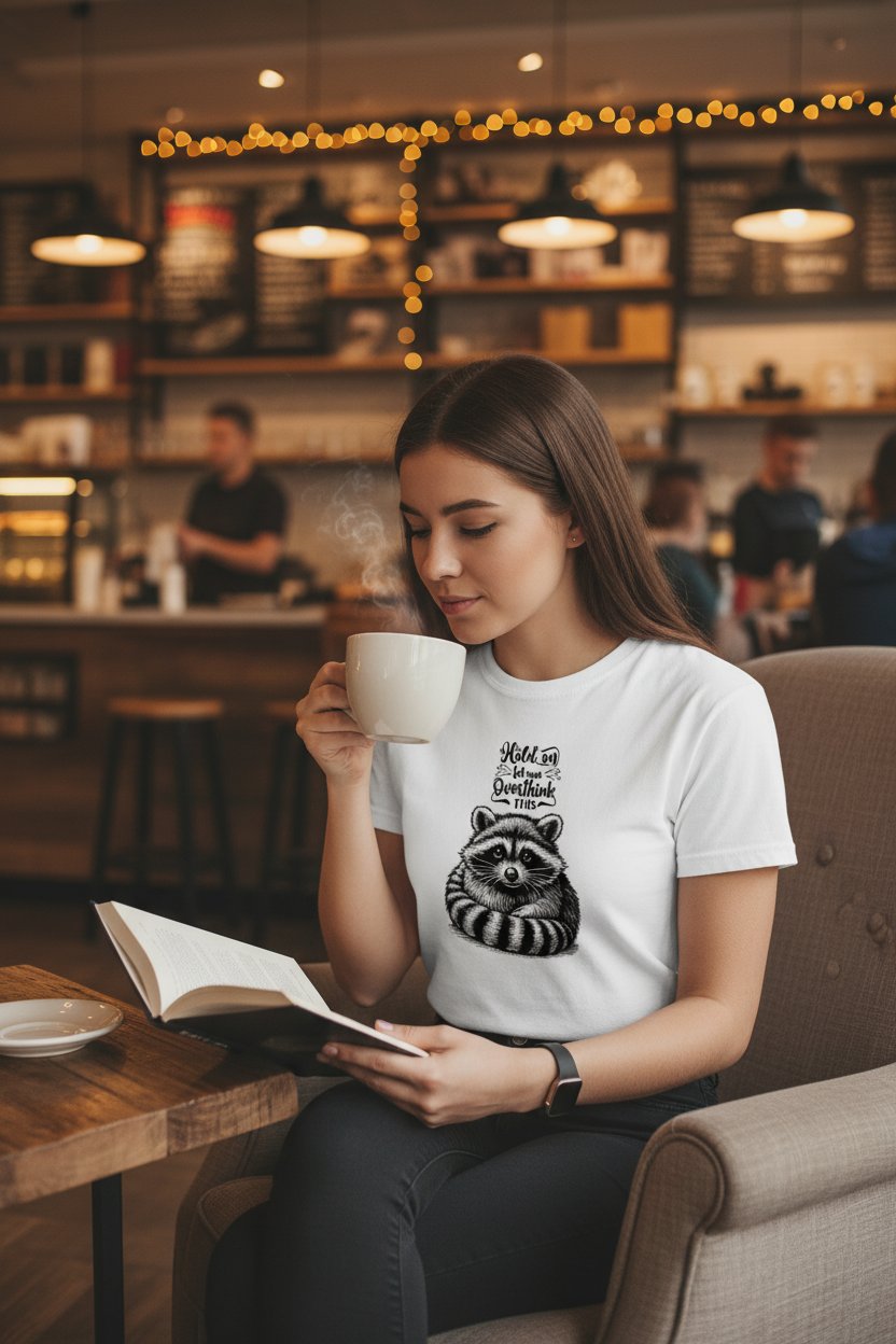 Person wearing Overthinking Racoon t-shirt in coffee shop