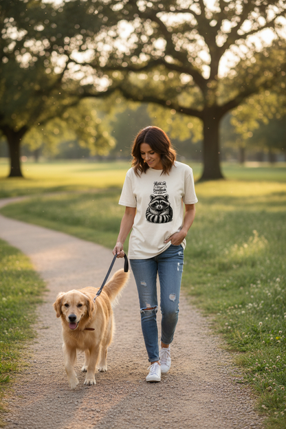 Person wearing Overthinking Racoon t-shirt walking dog in park