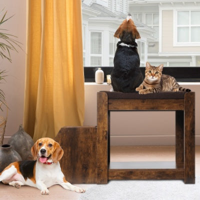 Wefulfil Pet Bunk Bed with dog sitting on top and cat resting on the wooden platform