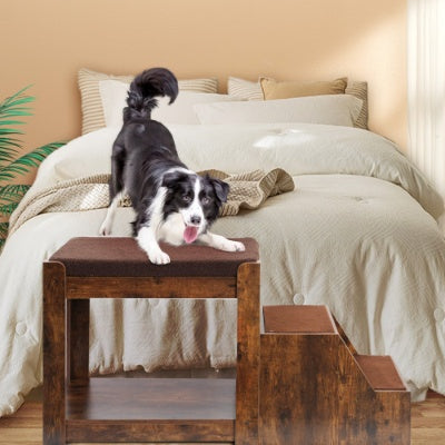 Wefulfil Pet Bunk Bed with stairs and cushioned top in wood finish for small dogs