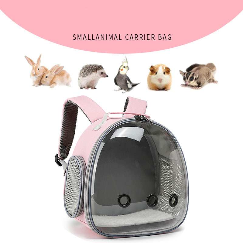Pet Carrier Backpack in pink color with mesh ventilation for small animals like rabbits and guinea pigs