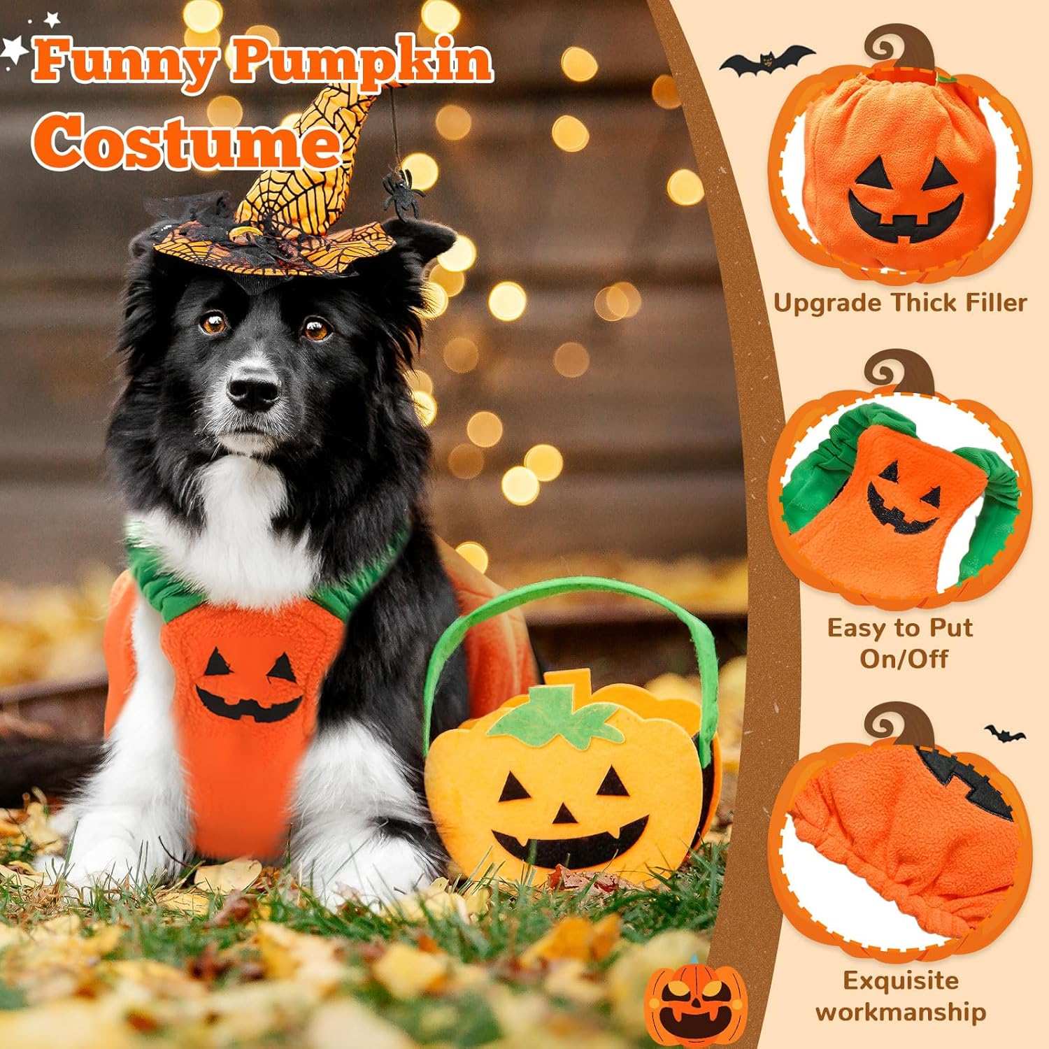 Funny Pumpkin Costume for pets featuring thick filler and easy on/off design for a festive look