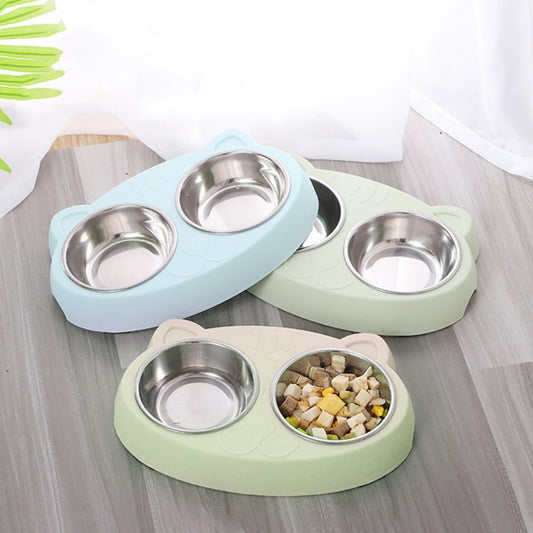 Wefulfil Pet Feeder Stainless Steel Bowls set with pastel plastic base and double compartments for pet food and water