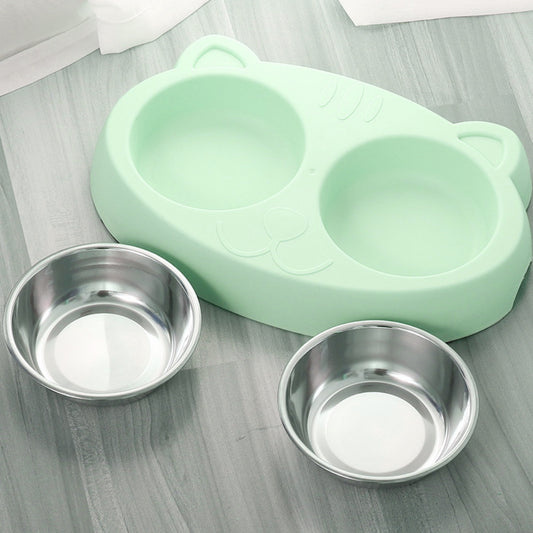 Wefulfil pet feeder stainless steel bowls with removable mint green cat-shaped holder for easy cleaning