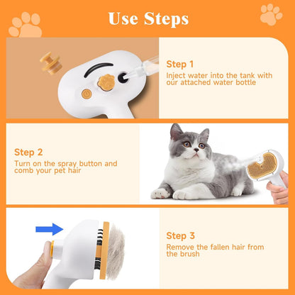 Wefulfil Pet Grooming Comb with Mousse showing steps to inject water, spray and comb pet hair, and remove fallen hair