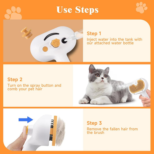 Wefulfil Pet Grooming Comb with Mousse showing steps to inject water, spray and comb pet hair, and remove fallen hair
