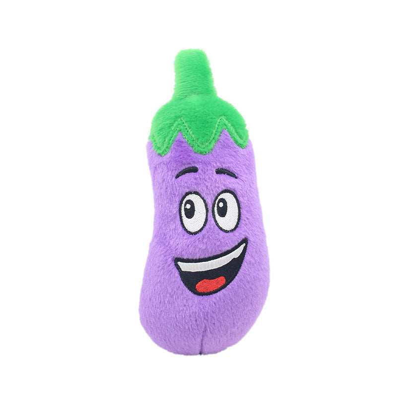 Colorful Pet Plush Sound Toy in the shape of an eggplant with a happy face for fun pet playtime