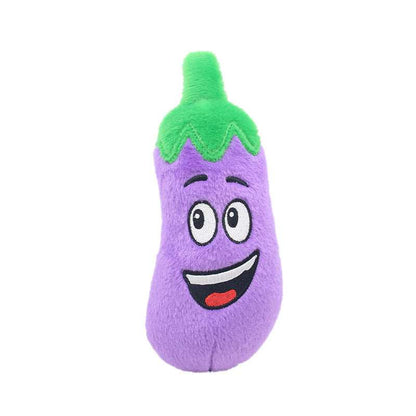 Colorful Pet Plush Sound Toy in the shape of an eggplant with a happy face for fun pet playtime