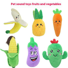 Colorful Pet Plush Sound Toy fruits and vegetables including a banana, pineapple, and carrot