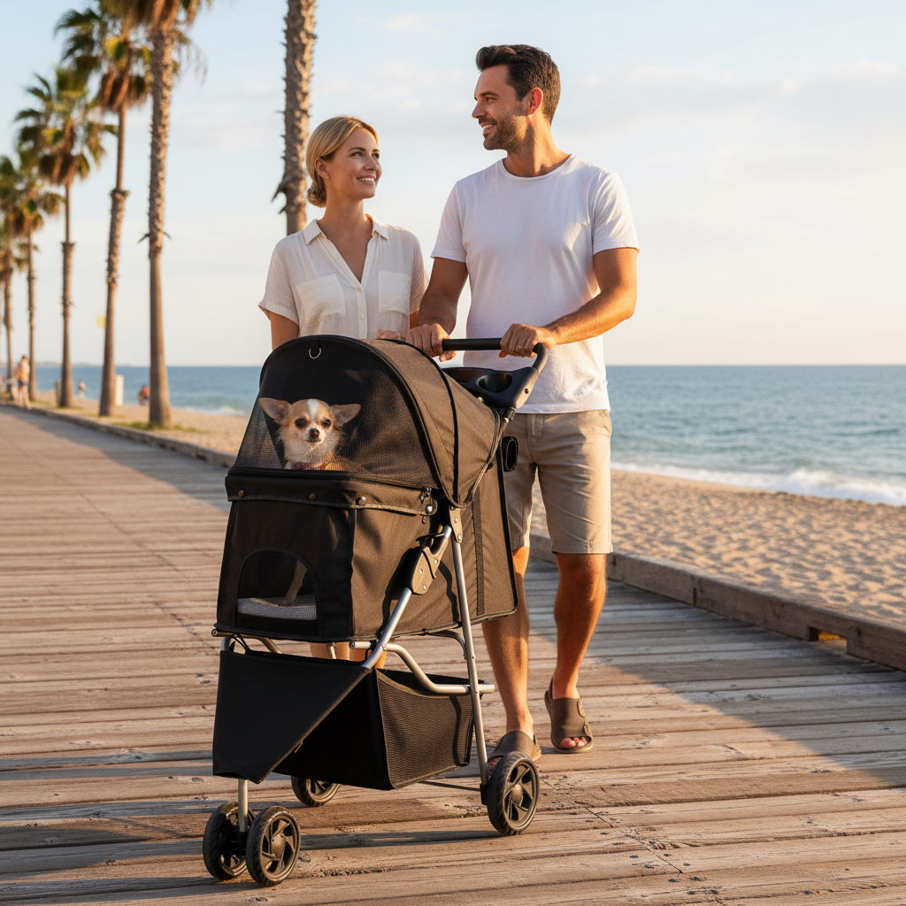 Pet stroller with Chihuahua on beach boardwalk at sunset