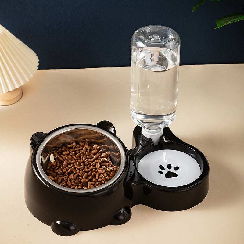 Pet Water Bottle and Bowl with an integrated food dish for convenient pet hydration and feeding